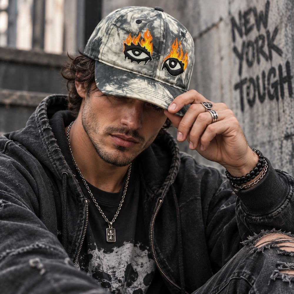 Haculla Black Grey Tie Dye Flaming Eyes New York Tough Streetwear Dad Hat Cap